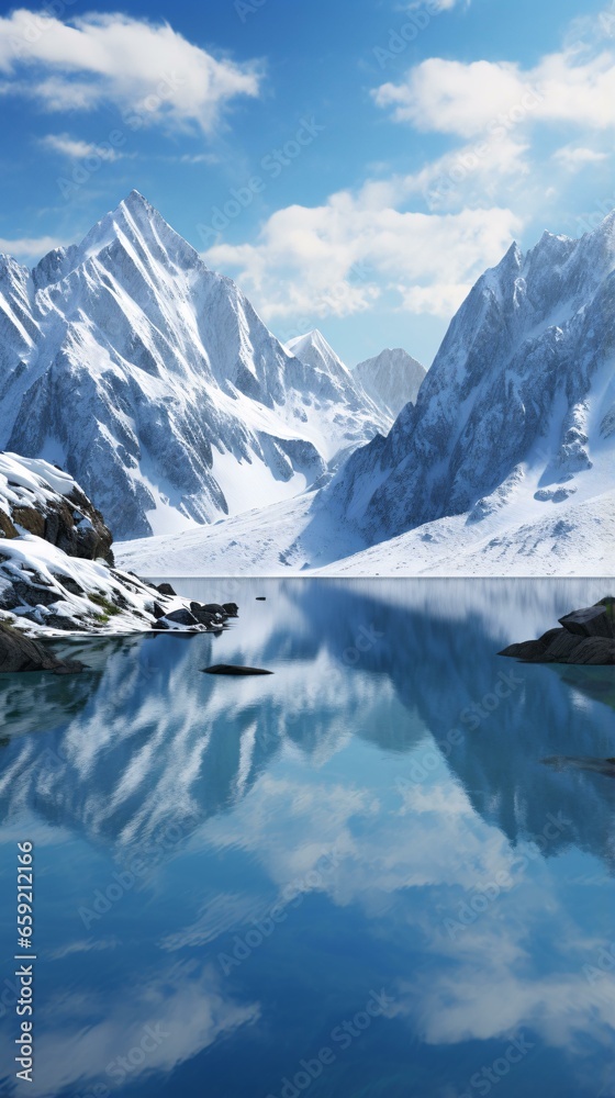 A serene lake nestled among majestic snow-capped mountains under a clear blue sky