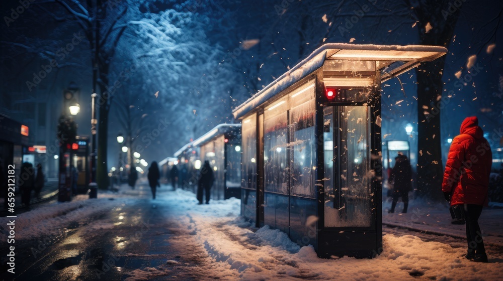 Φωτογραφία Covered bus station as snow is falling, quiet anticipation and communal aspect of city life in winter,  a solitary figure in a red coat stands out against bustling commuters and city lights