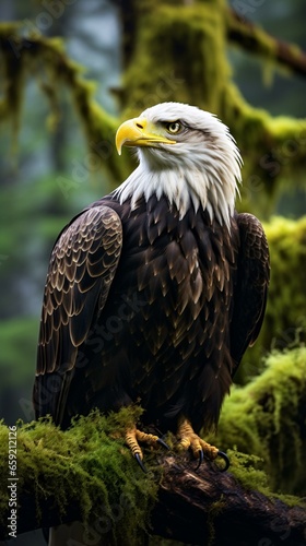 A majestic bald eagle perched on a mossy branch