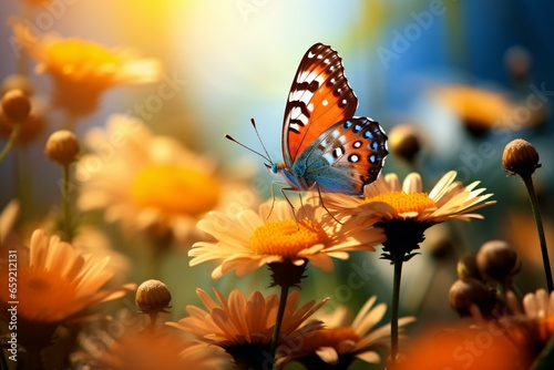 A butterfly perched delicately on a vibrant flower petal