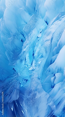 A close-up of a beautifully sculpted ice formation in shades of blue and white