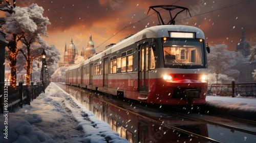 Train emerging through fallen snow, as snow is falling heavily, city skyline in the backdrop, contrast between modern transportation and nature's whims.