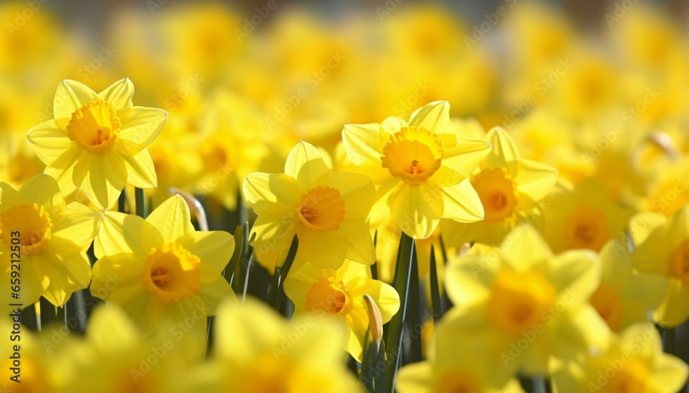 A vibrant field of yellow daffodils in full bloom
