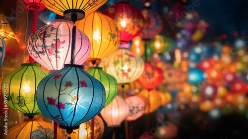 Colorful lanterns hanging from a ceiling, creating a vibrant and festive atmosphere