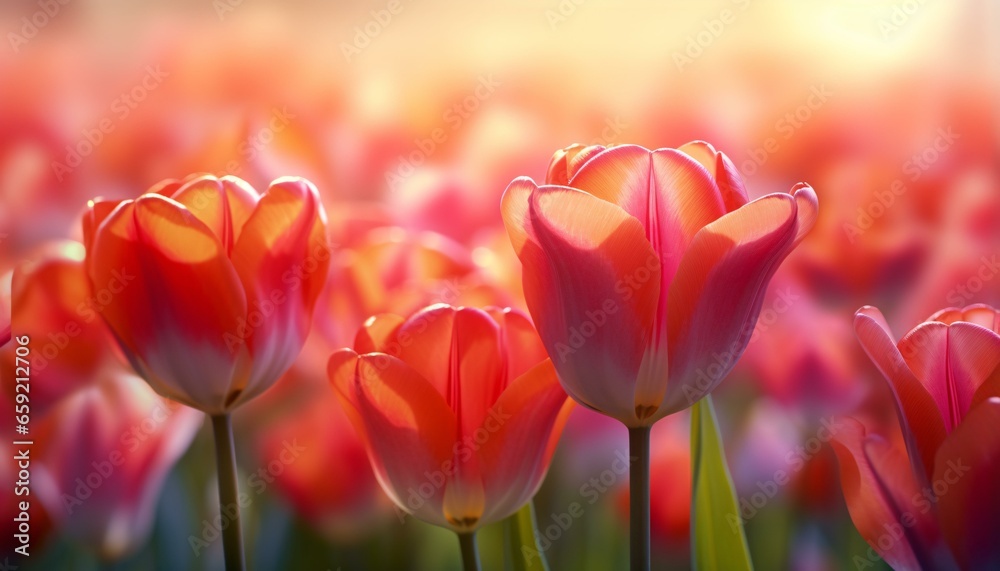 A vibrant field of red and pink tulips illuminated by the golden sunlight