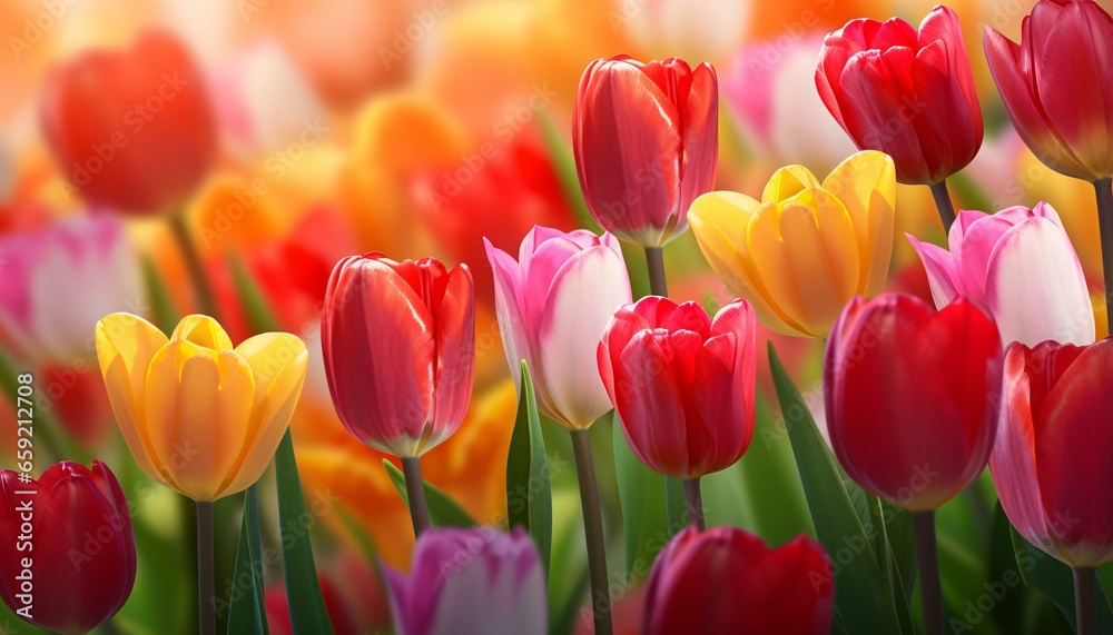 A vibrant field of tulips with a soft and dreamy background