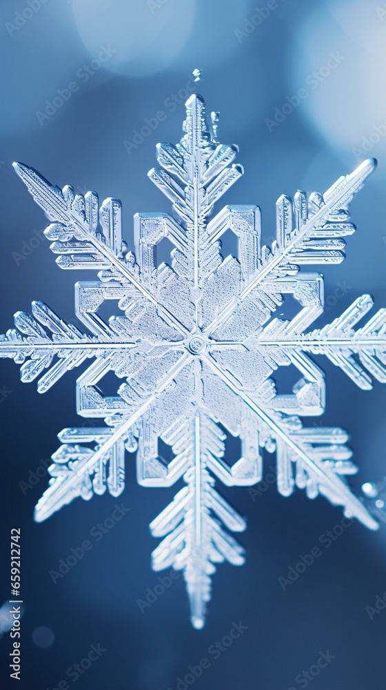 A single snowflake on a vibrant blue backdrop, showcasing the intricate beauty of nature's frosty wonders A single snowflake on a vibrant blue backdrop, showcasing the intricate beauty of nature's frosty wonders