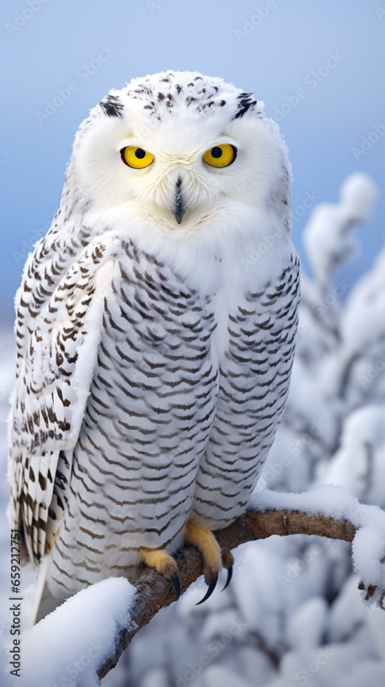 A majestic snowy owl perched on a snowy branch with piercing yellow eyes A majestic snowy owl perched on a snowy branch with piercing yellow eyes