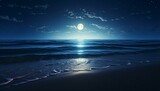 A serene ocean landscape under the light of a full moon