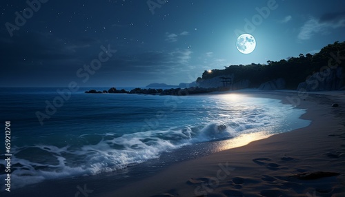 A serene beach illuminated by the light of a full moon