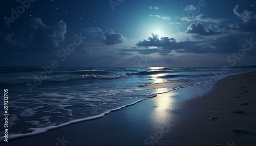 A serene beach illuminated by the radiant glow of a full moon © KWY