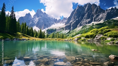 A serene mountain lake nestled among majestic trees