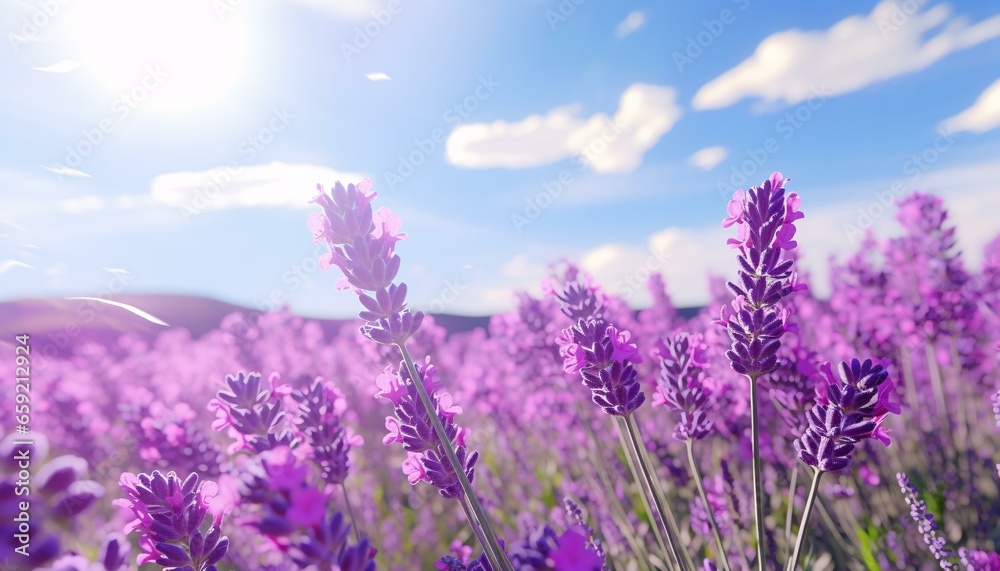 A vibrant field of purple flowers under a clear blue sky A vibrant field of purple flowers under a clear blue sky