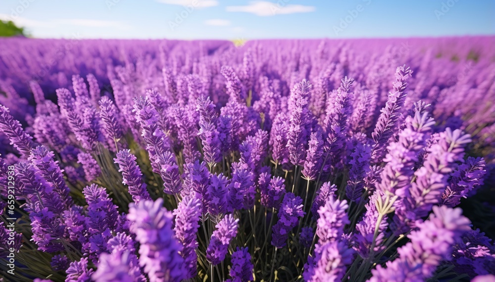 A vibrant lavender field against a clear blue sky