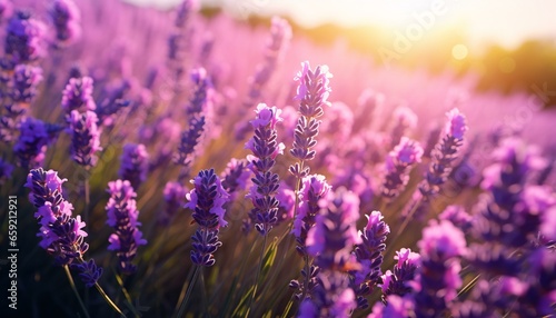 A vibrant lavender field with the sun setting in the background