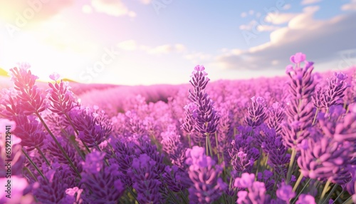 A vibrant lavender field with the sun illuminating the scene