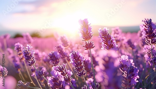 A vibrant field of lavender flowers bathed in golden sunlight