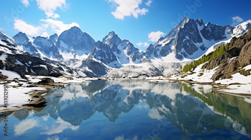 A serene mountain lake under a clear blue sky