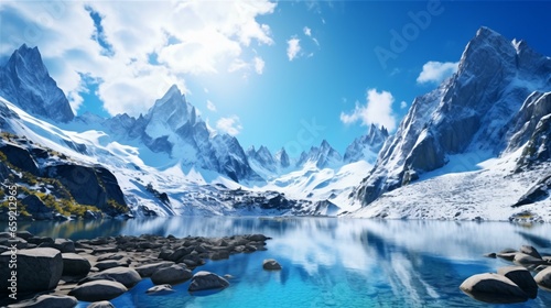 A crystal clear mountain lake nestled among majestic snow-capped peaks