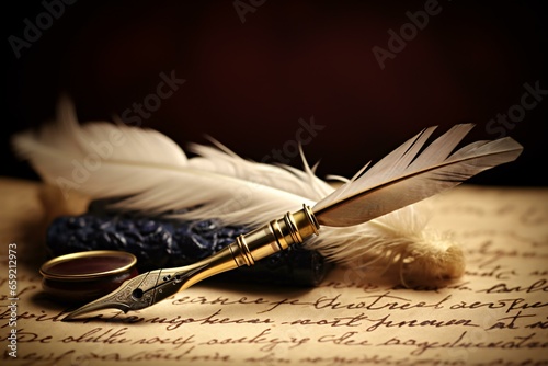 A feather quill resting on a blank sheet of paper photo