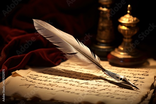A feather quill resting on top of a piece of paper
