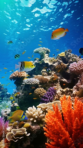 A vibrant coral reef teeming with tropical fish underwater