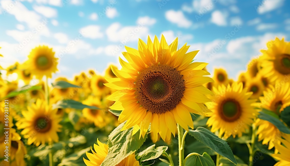 A vibrant field of sunflowers under a clear blue sky