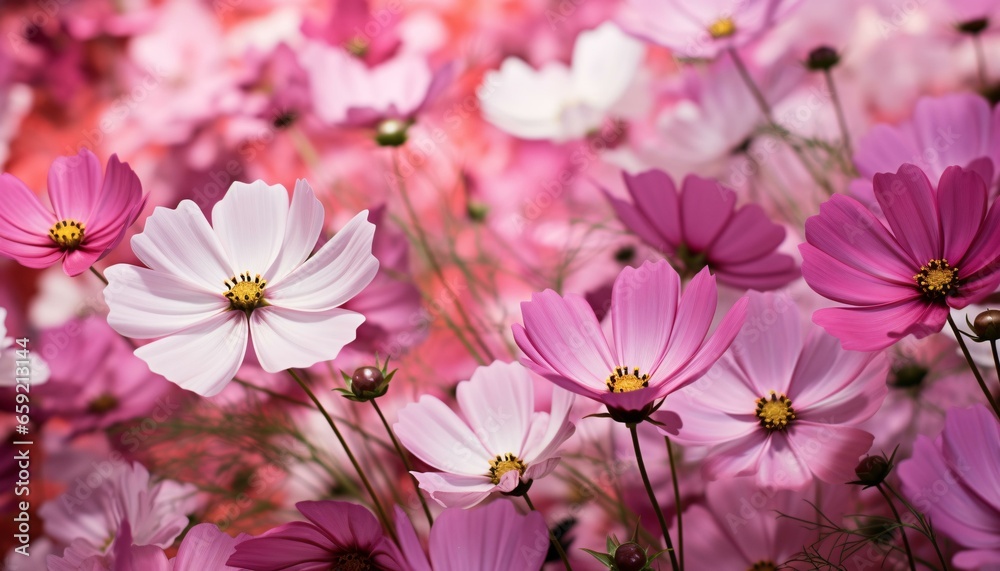 Obraz premium A vibrant field of pink and white flowers in full bloom