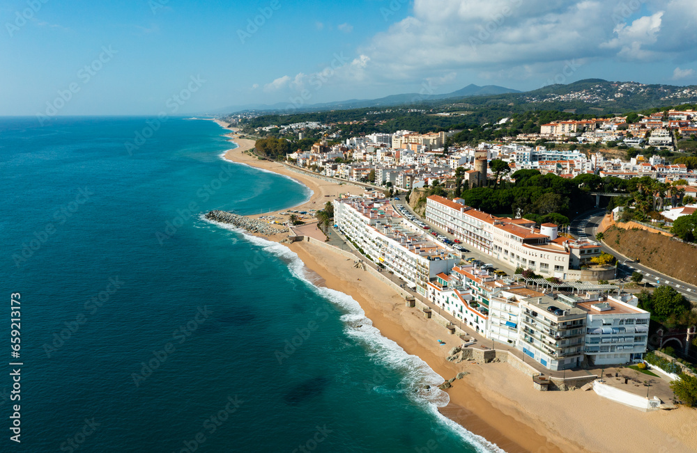Drone view of the resort town of San Paul de Mar, located in the hills along the coast of Catalonia, Spain