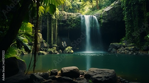 A majestic waterfall surrounded by vibrant greenery in a peaceful forest