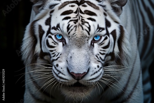 A majestic white tiger with striking blue eyes
