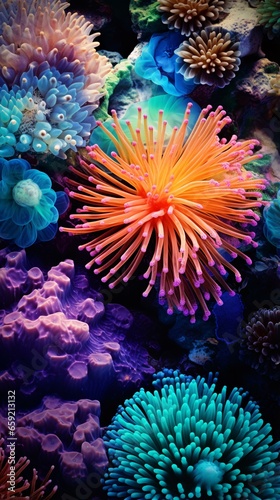 A vibrant array of colorful corals up close