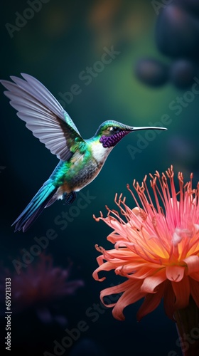A hummingbird in flight over a vibrant pink flower