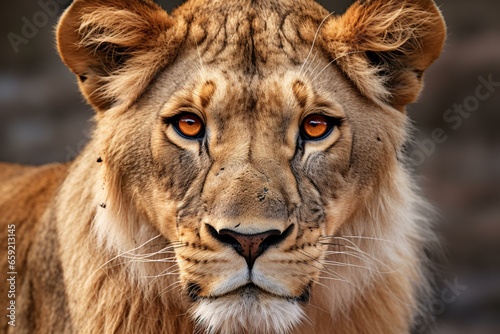 A majestic lion with intense orange eyes