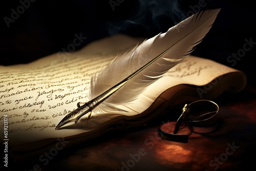 A feather quill resting on an open book, symbolizing knowledge and literature