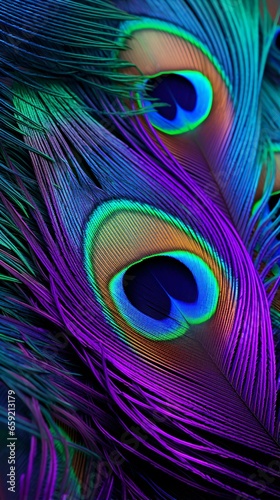 A vibrant close-up of a peacock's iridescent feathers