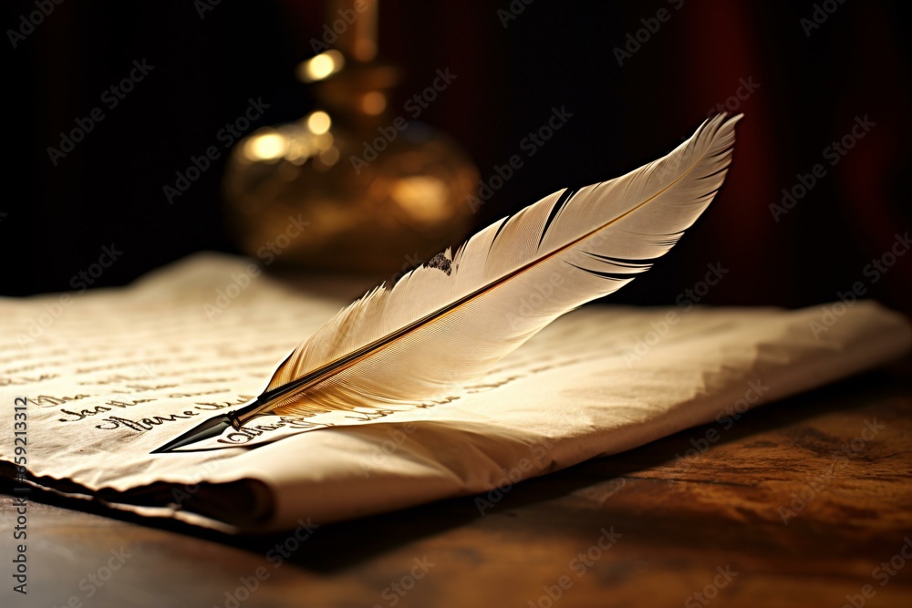 A feather quill on a paper surface - obrazy, fototapety, plakaty 