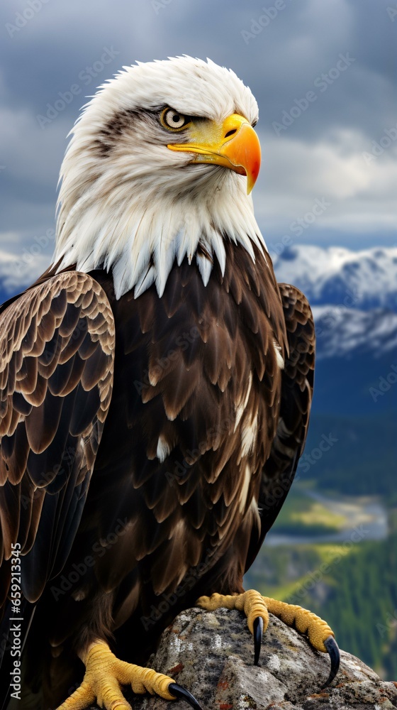 A majestic bald eagle perched on a rugged rock A majestic bald eagle perched on a rugged rock