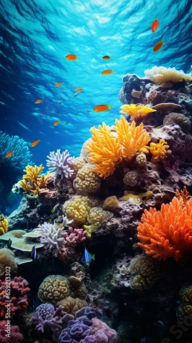 A vibrant coral reef teeming with colorful fish in an underwater paradise