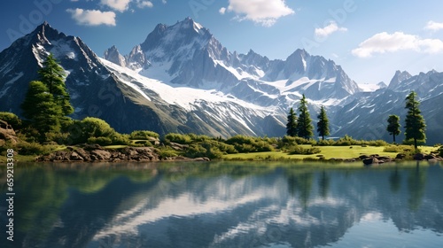 A picturesque mountain landscape with a serene lake in the foreground