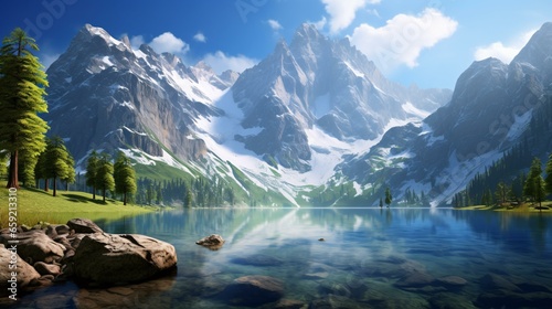 A scenic mountain lake surrounded by lush trees