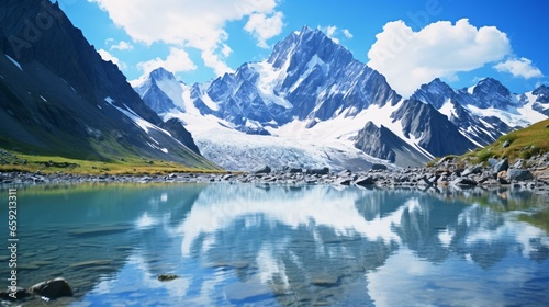 A stunning mountain range reflected in the calm waters of a serene lake
