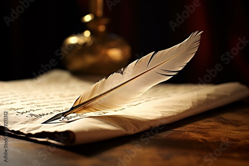 A feather quill on a paper surface photo