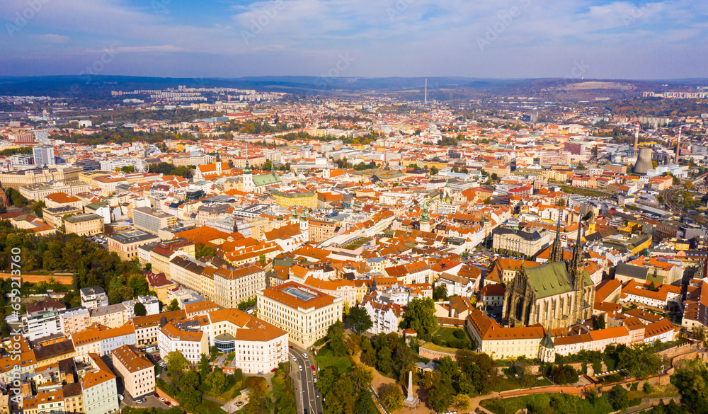Aerial view of center of Czech town of Brno on autumn day overlooking Cathedral of Saints Peter and Paul on Petrov hill