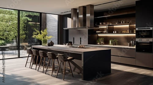 Black modern kitchen with island, interior