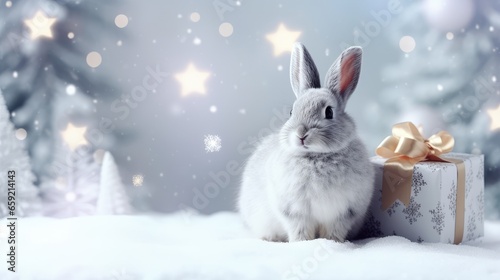 rabbit with gift box on New Year's background, winter gifts. Christmas card.