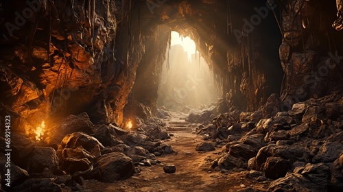 Sunlight filtering through a cave entrance creating. Generative AI