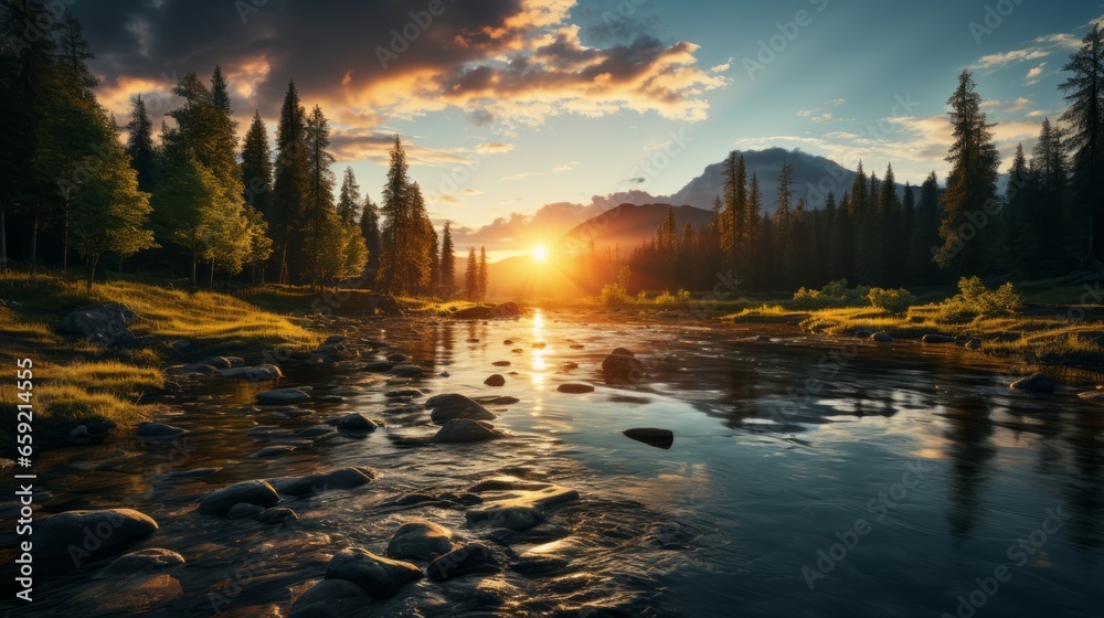 Fototapeta premium Suns descent casting a warm glow over a tranquil river. Generative AI