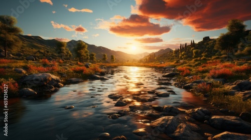 Suns descent casting a warm glow over a tranquil river. Generative AI