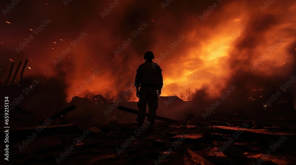 The silhouette of a soldier against a fiery red sky, a scene of devastation in the backdrop.